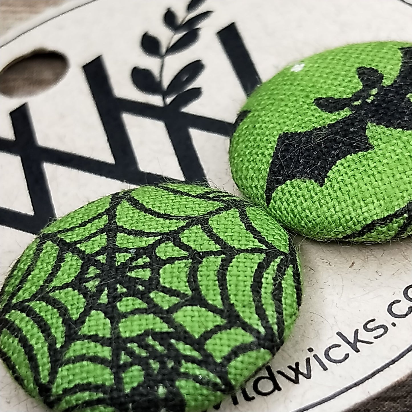 Wildears Fabric Covered Button Earrings Halloween Green Bats and Spiders 19mm