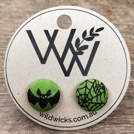 Wildears Fabric Covered Button Earrings Halloween Green Bats and Spiders 12mm