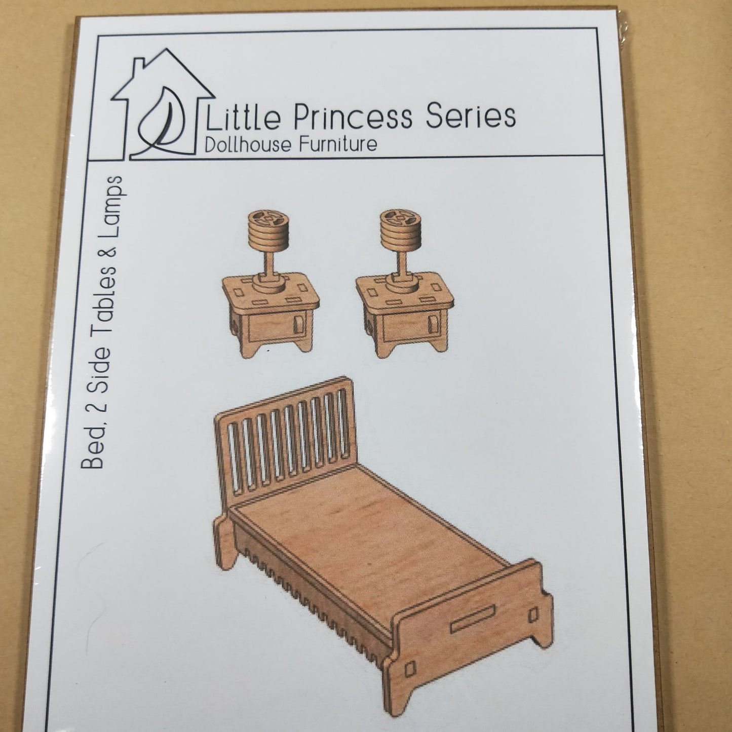 DIY Wooden Dollhouse Furniture Kit - Bed and 2 Side Tables and Lamps - Little Princess Series