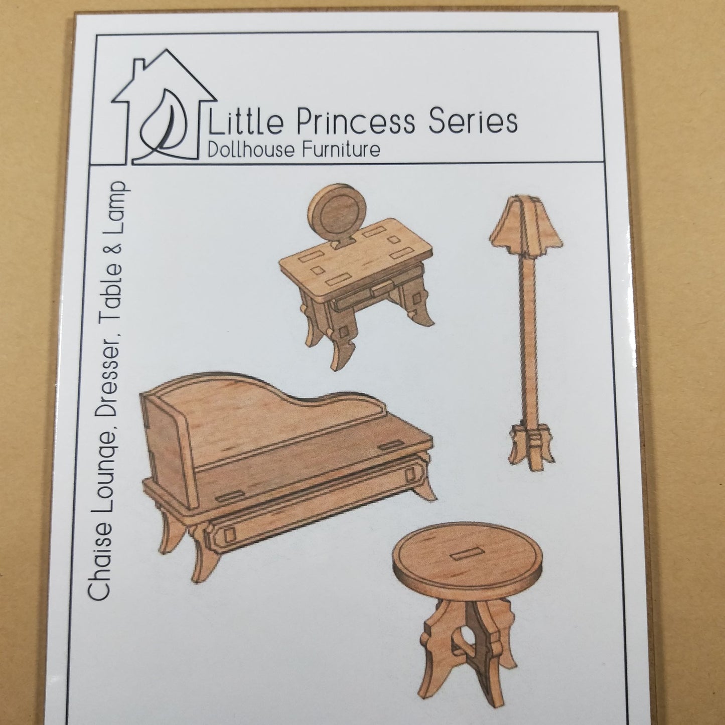 DIY Wooden Dollhouse Furniture Kit - Chaise Lounge Dresser table and Lamp - Little Princess Series