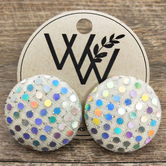 Wildears Fabric Covered Button Earrings White Holograph Dots 27mm