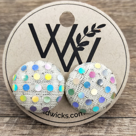 Wildears Fabric Covered Button Earrings White Holograph Dots 19mm