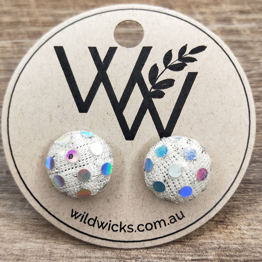Wildears Fabric Covered Button Earrings White Holograph Dots 12mm