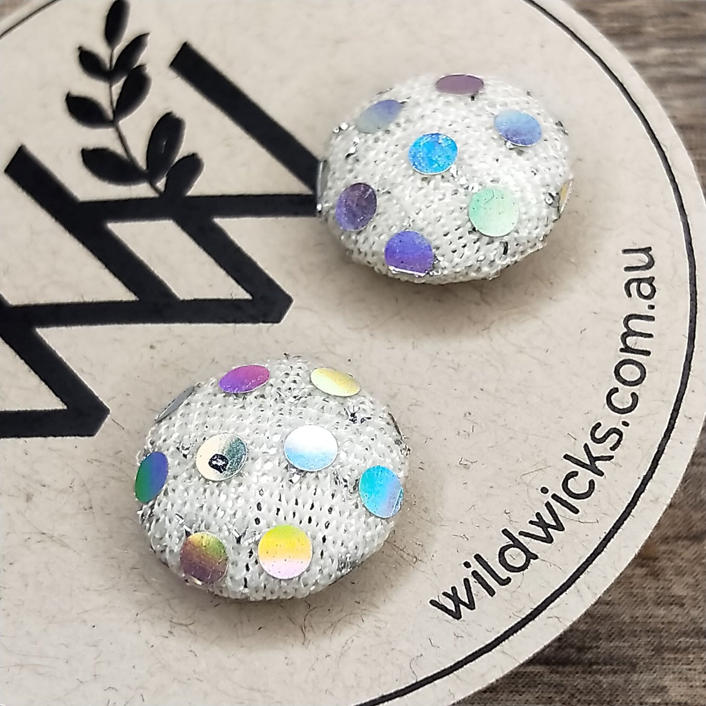 Wildears Fabric Covered Button Earrings White Holograph Dots 12mm