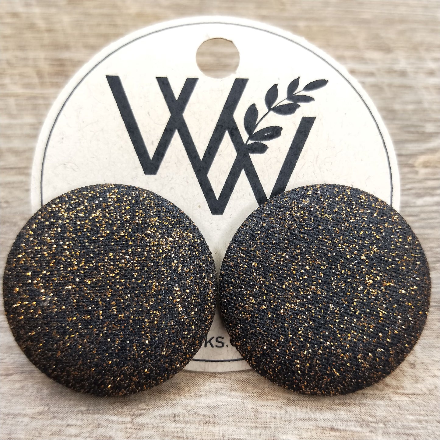 Wildears Fabric Covered Button Earrings Black Gold Dust 27mm