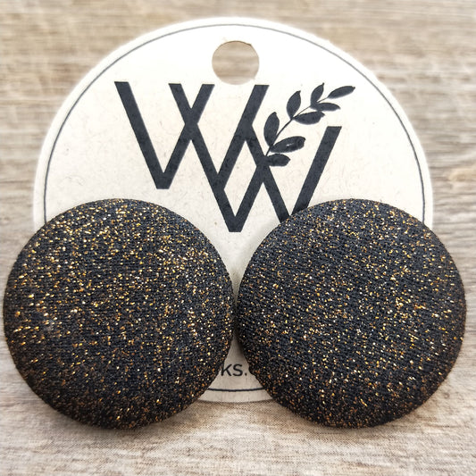 Wildears Fabric Covered Button Earrings Black Gold Dust 27mm