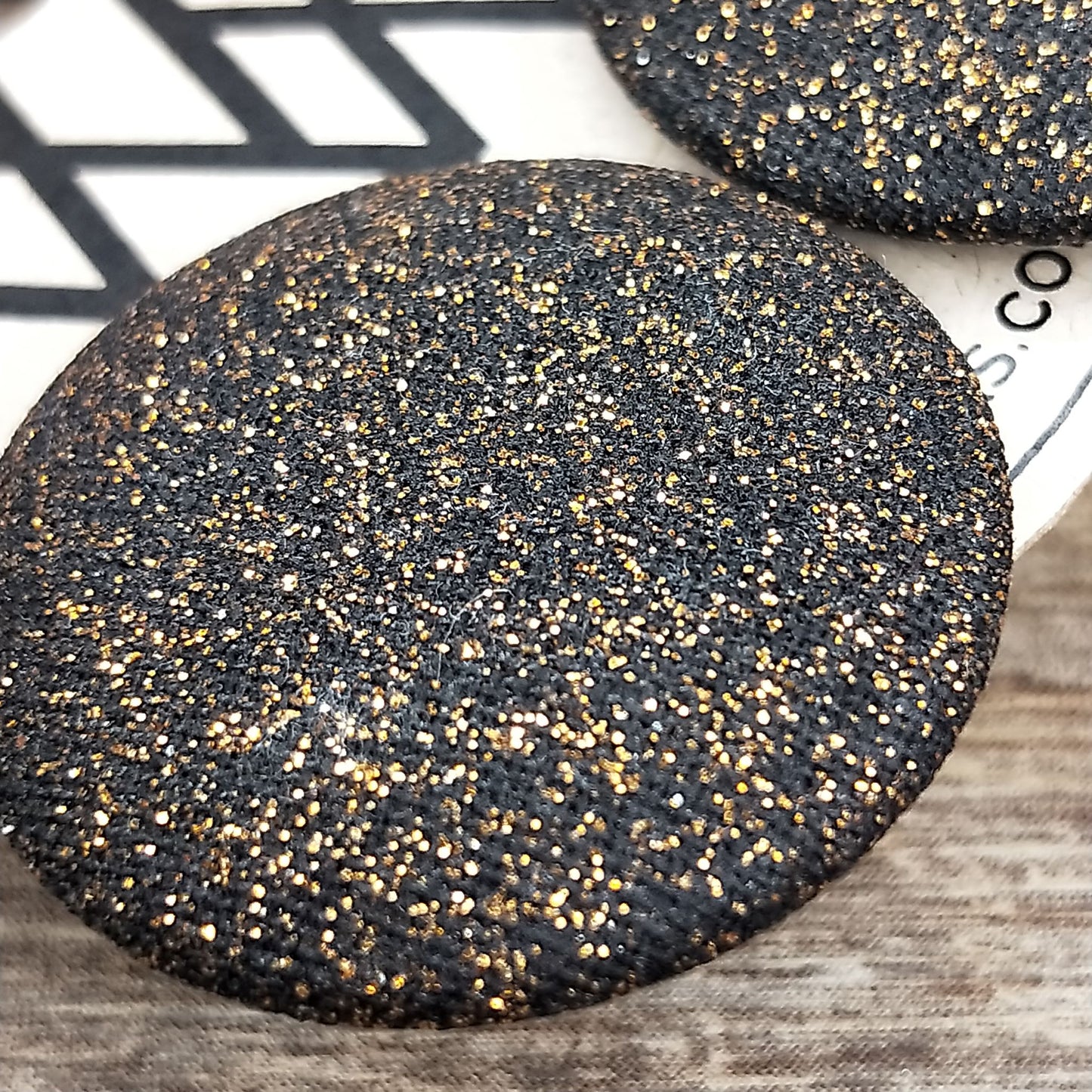 Wildears Fabric Covered Button Earrings Black Gold Dust 27mm