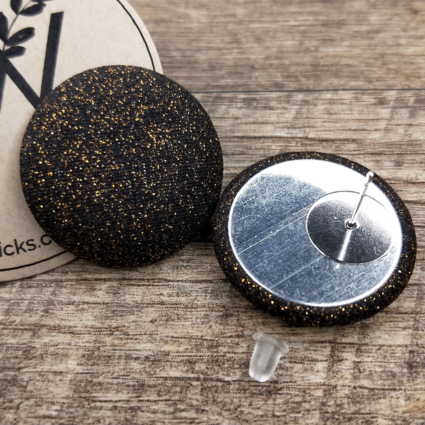 Wildears Fabric Covered Button Earrings Black Gold Dust 27mm