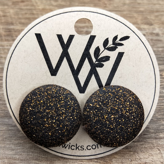 Wildears Fabric Covered Button Earrings Black Gold Dust 19mm