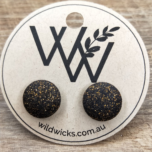 Wildears Fabric Covered Button Earrings Black Gold Dust 12mm