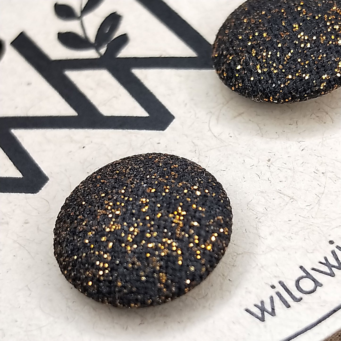 Wildears Fabric Covered Button Earrings Black Gold Dust 12mm