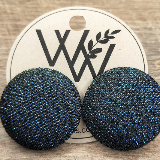 Wildears Fabric Covered Button Earrings Black Green Blue 27mm