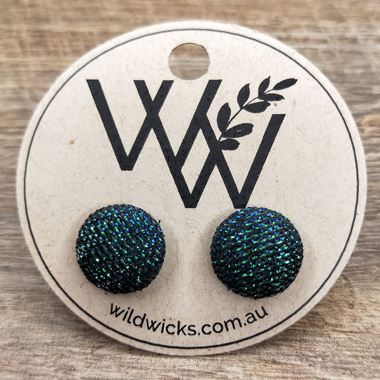 Wildears Fabric Covered Button Earrings Black Green Blue 12mm