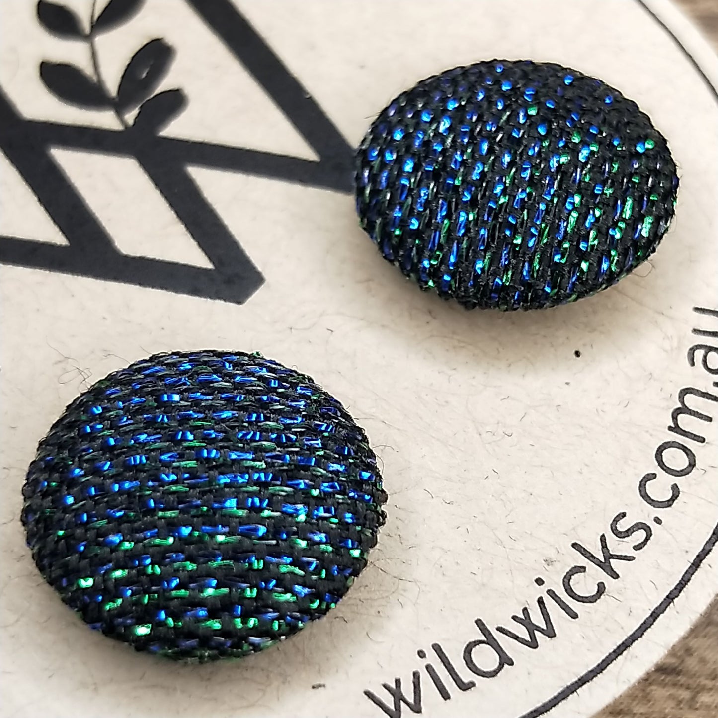 Wildears Fabric Covered Button Earrings Black Green Blue 12mm