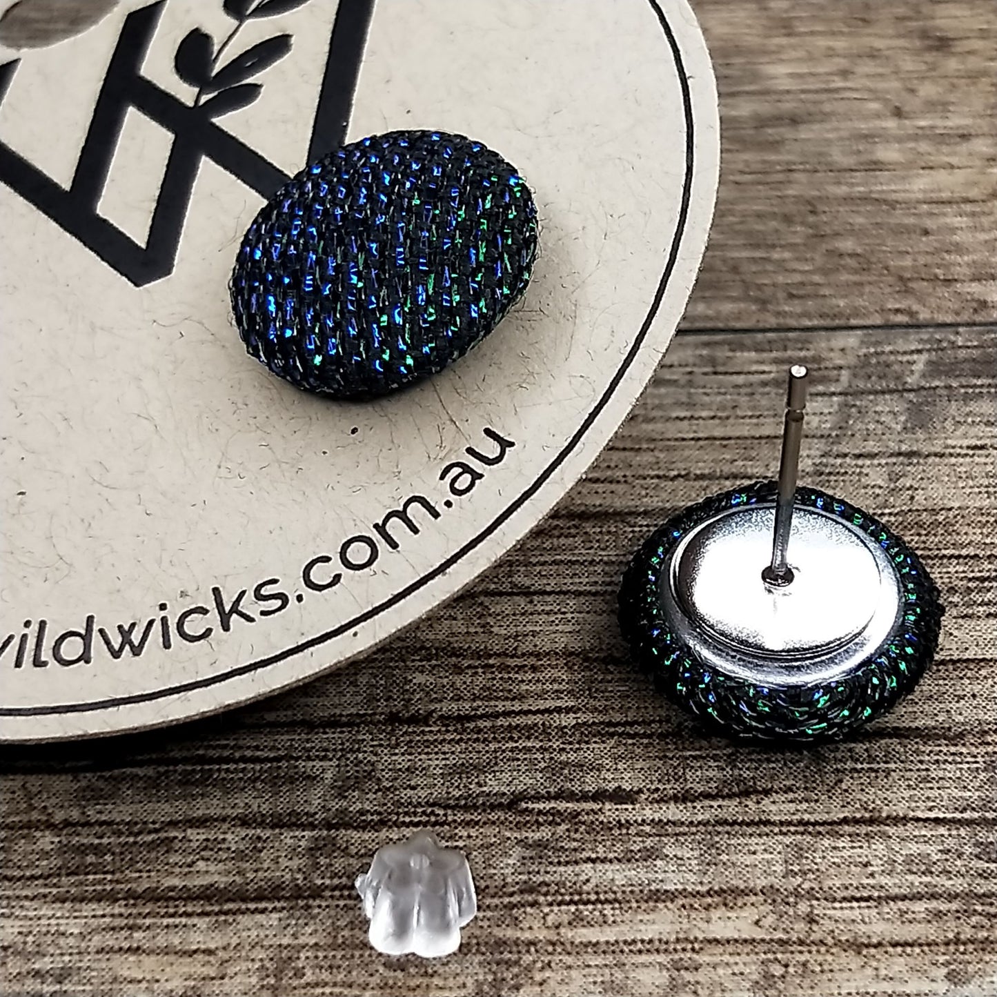 Wildears Fabric Covered Button Earrings Black Green Blue 12mm