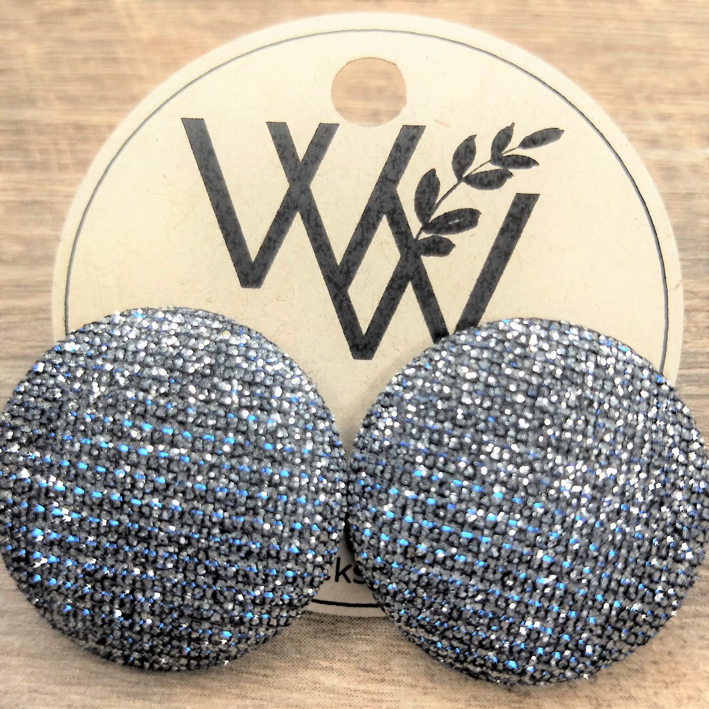 Wildears Fabric Covered Button Earrings Black Blue Silver 27mm