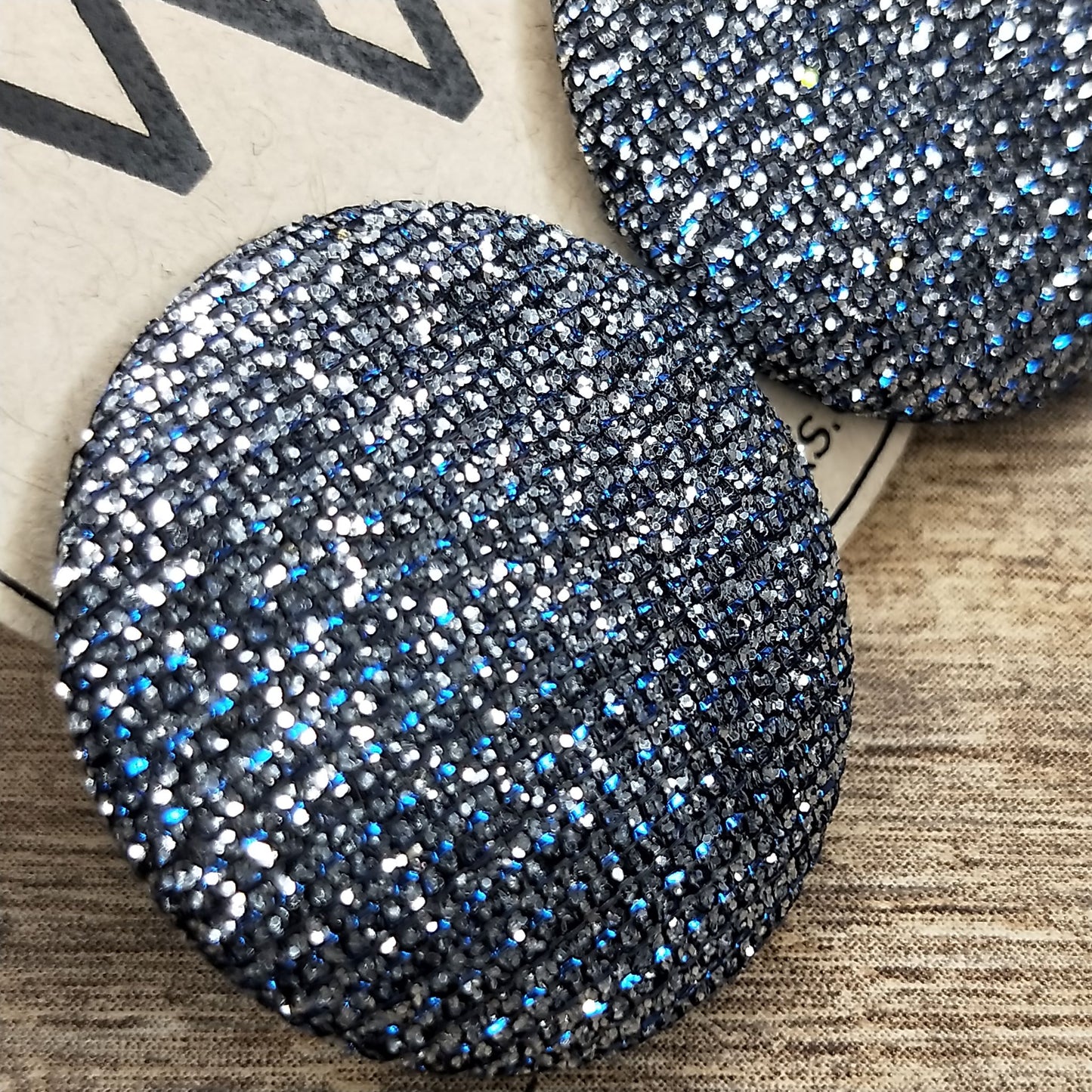 Wildears Fabric Covered Button Earrings Black Blue Silver 27mm