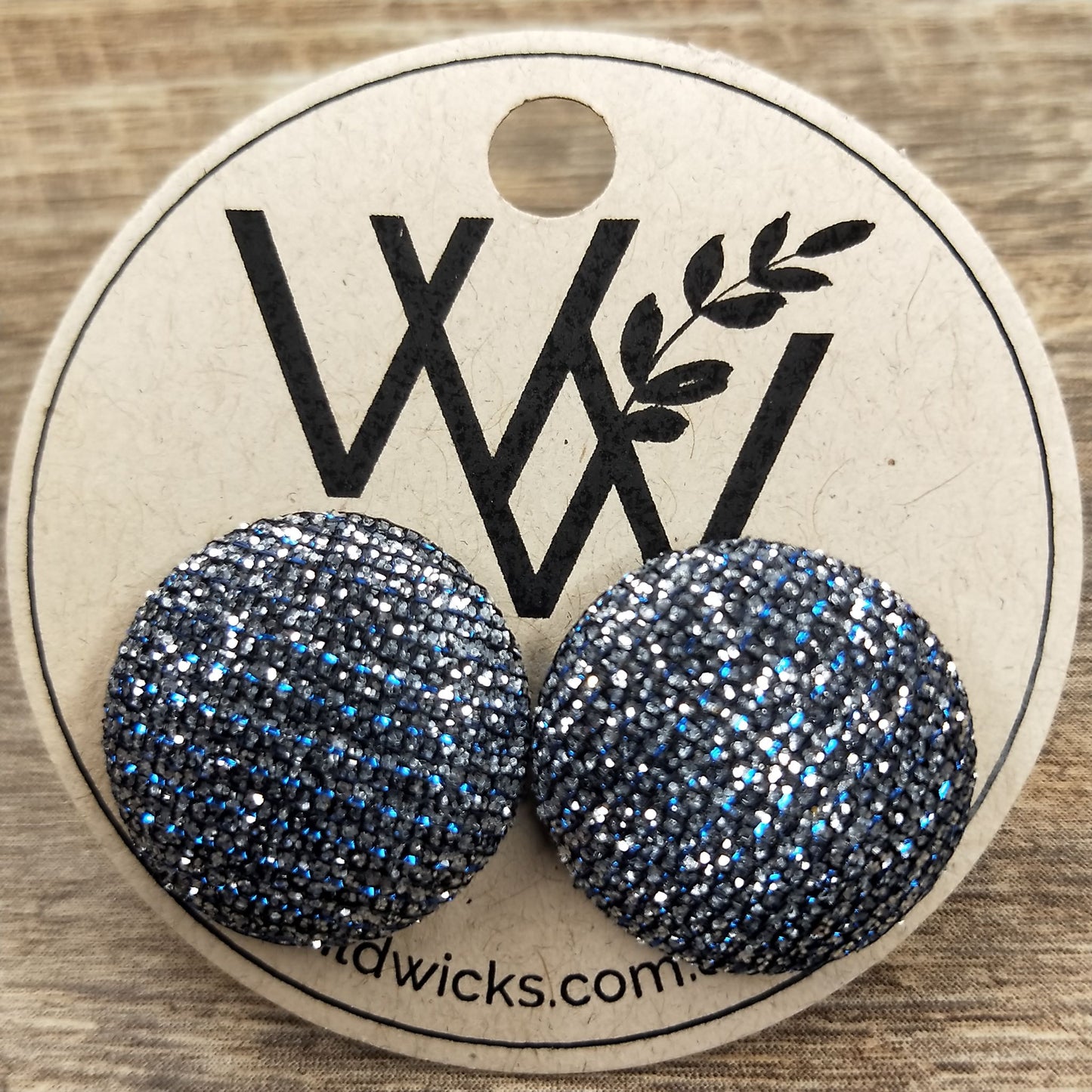 Wildears Fabric Covered Button Earrings Black Blue Silver 19mm