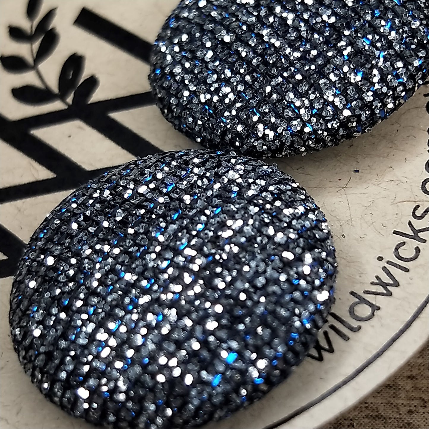 Wildears Fabric Covered Button Earrings Black Blue Silver 19mm