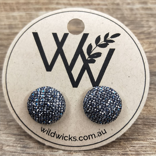 Wildears Fabric Covered Button Earrings Black Blue Silver 12mm