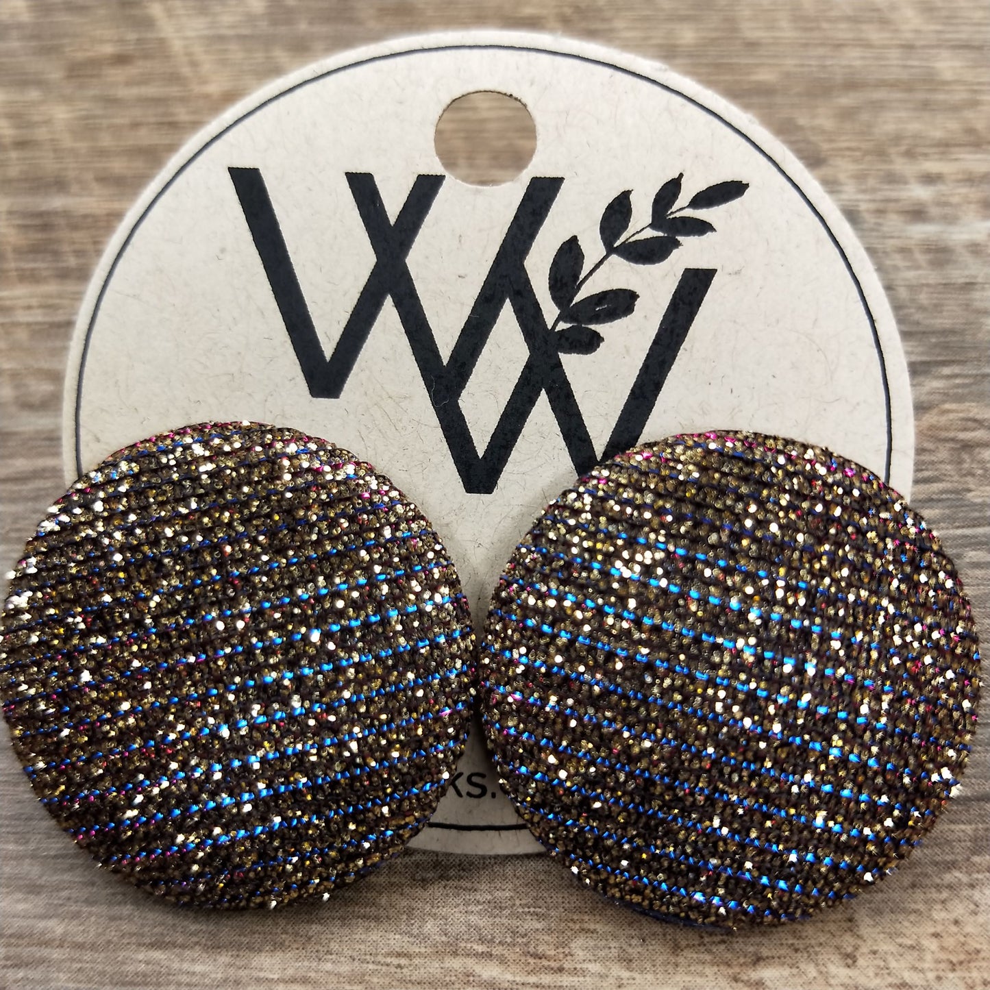 Wildears Fabric Covered Button Earrings Gold Pink Blue 27mm