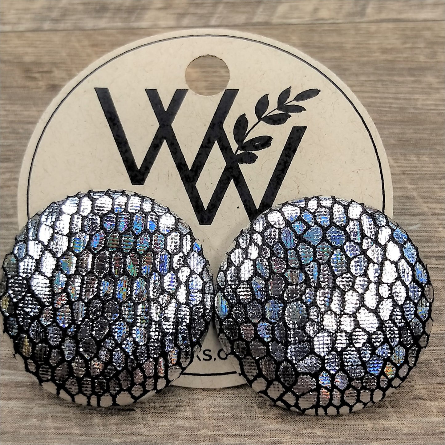 Wildears Fabric Covered Button Earrings Holograph Snakeskin 27mm