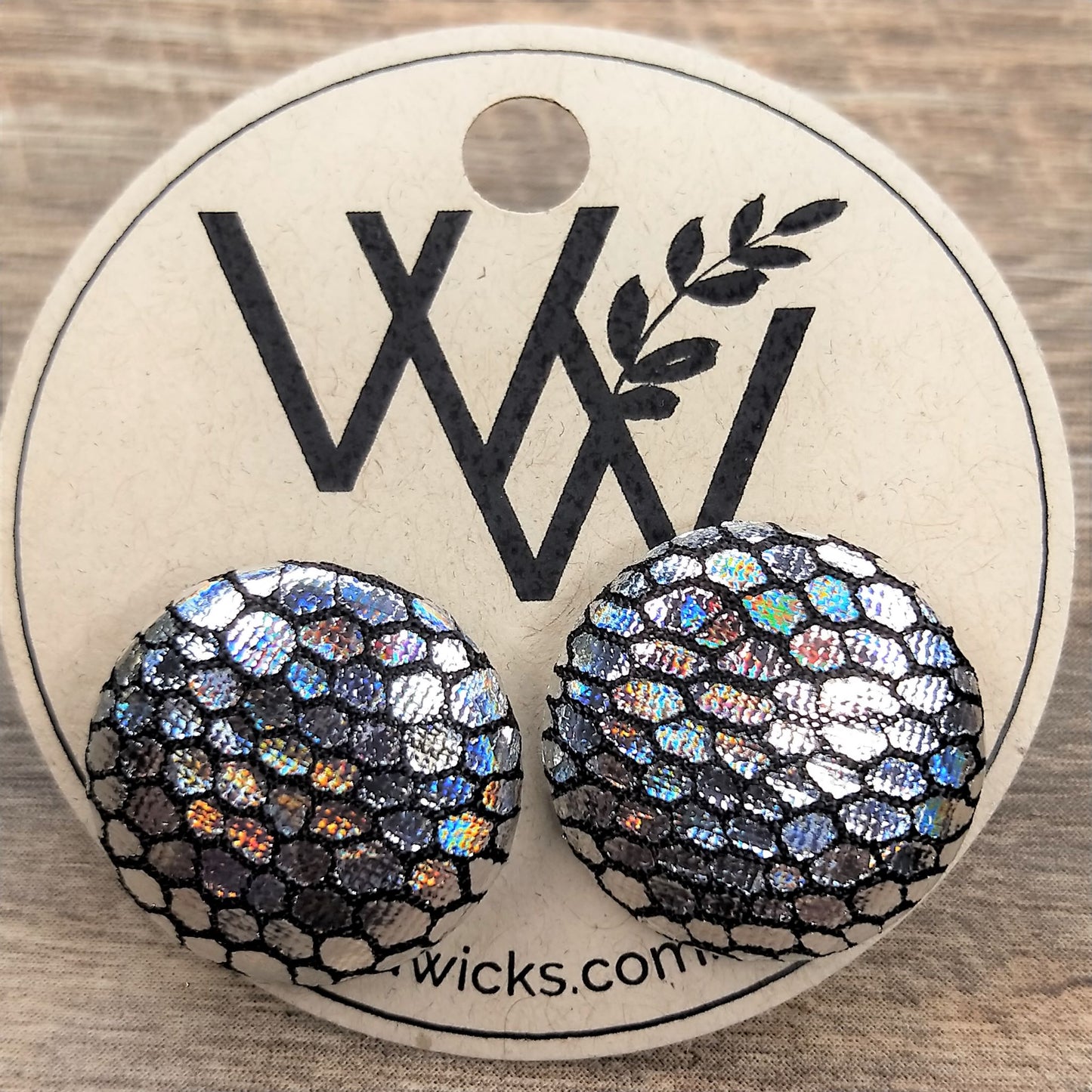 Wildears Fabric Covered Button Earrings Holograph Snakeskin 19mm