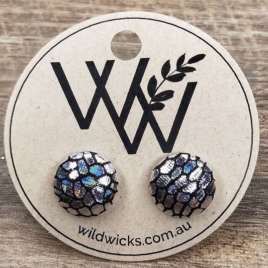 Wildears Fabric Covered Button Earrings Holograph Snakeskin 12mm