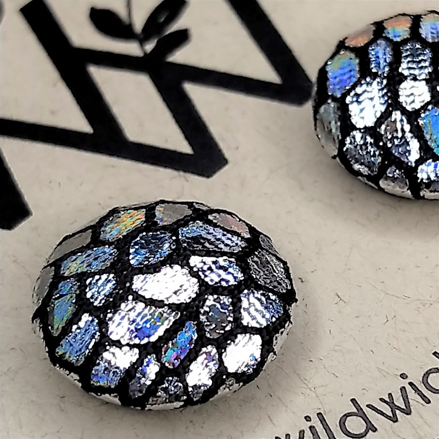 Wildears Fabric Covered Button Earrings Holograph Snakeskin 12mm