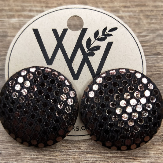 Wildears Fabric Covered Button Earrings Bronze Metallic Dots 27mm