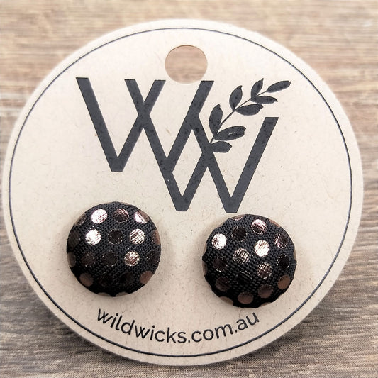 Wildears Fabric Covered Button Earrings Bronze Metallic Dots 12mm