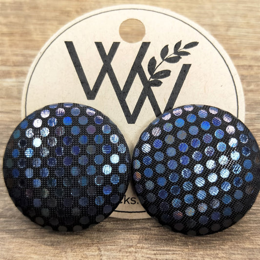 Wildears Fabric Covered Button Earrings Black Metallic Dots 27mm