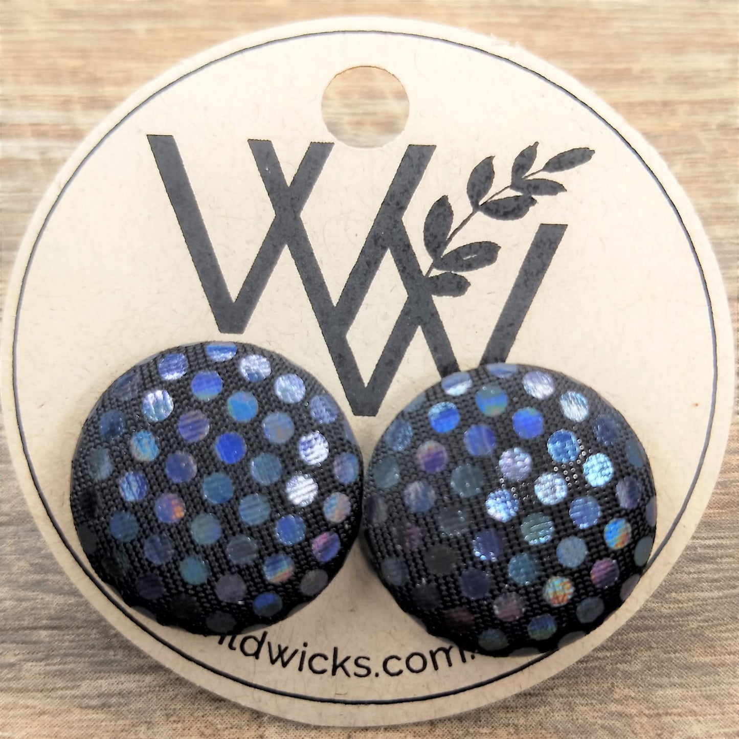 Wildears Fabric Covered Button Earrings Black Metallic Dots 19mm