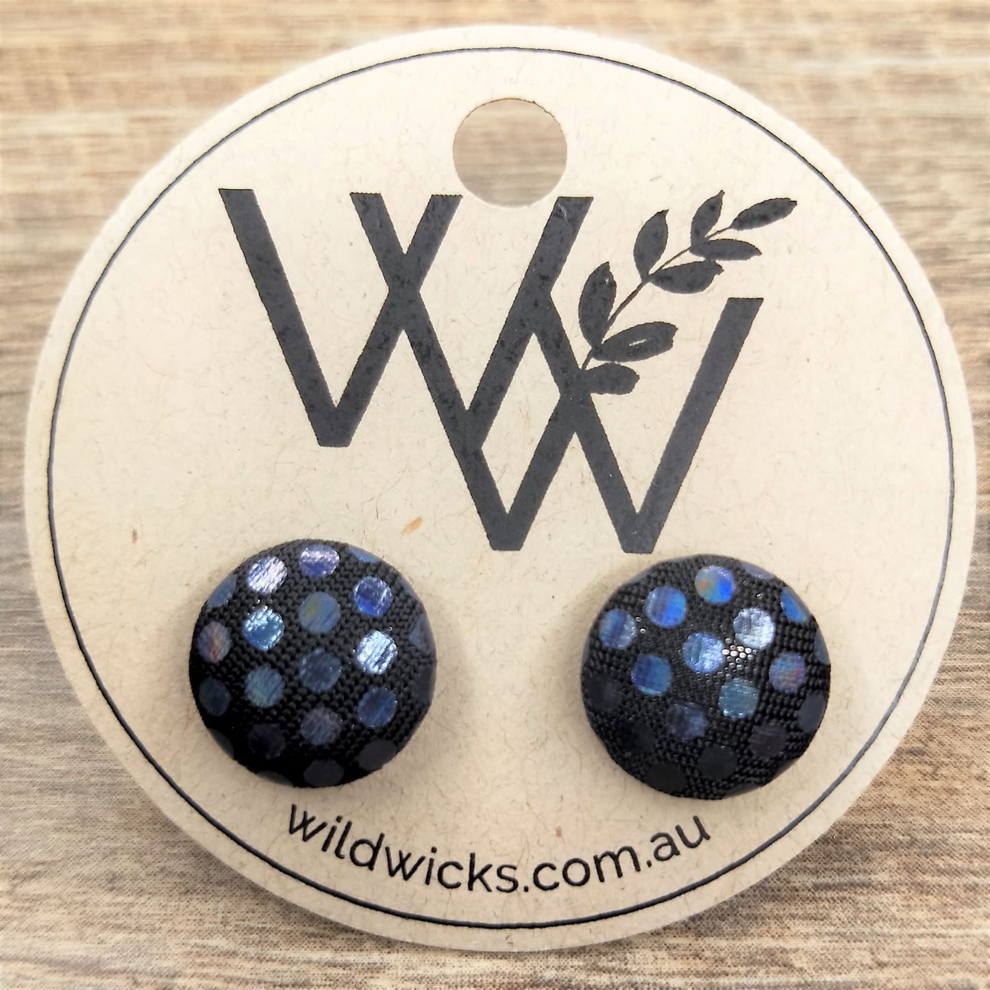 Wildears Fabric Covered Button Earrings Black Metallic Dots 12mm