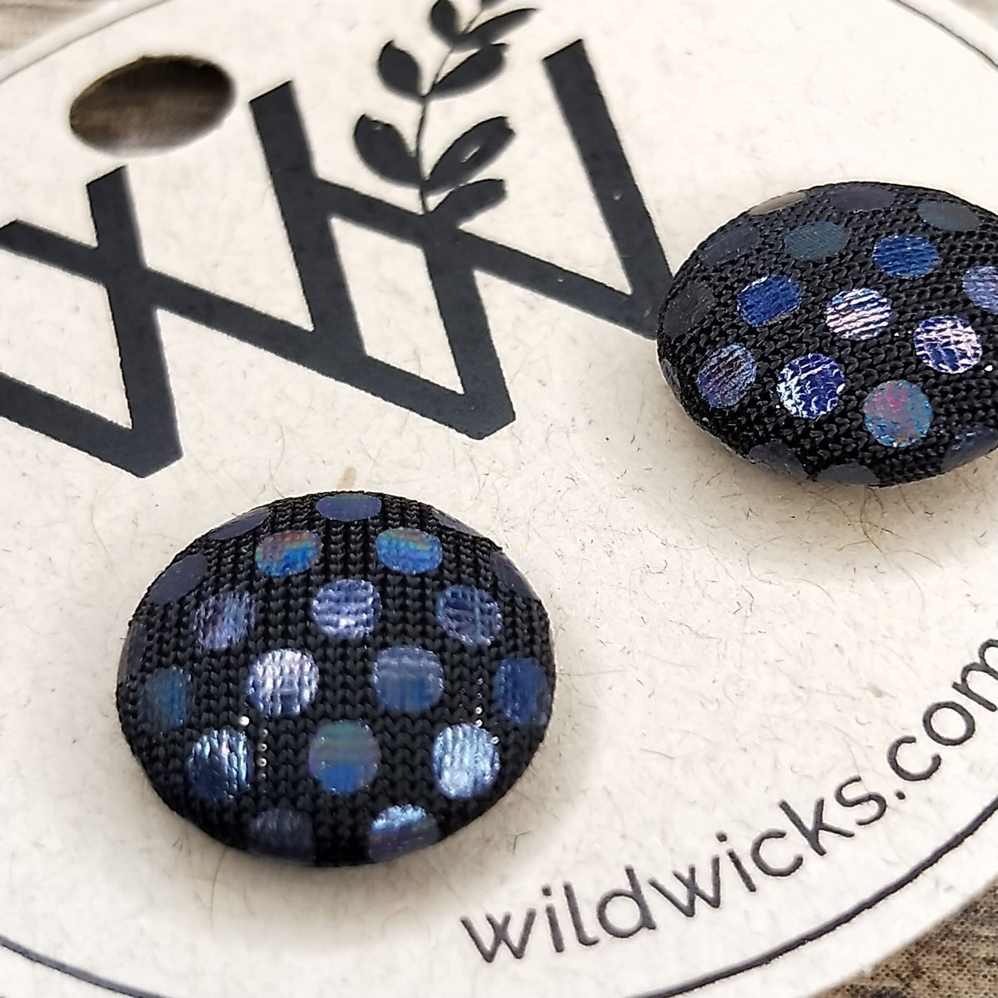 Wildears Fabric Covered Button Earrings Black Metallic Dots 12mm