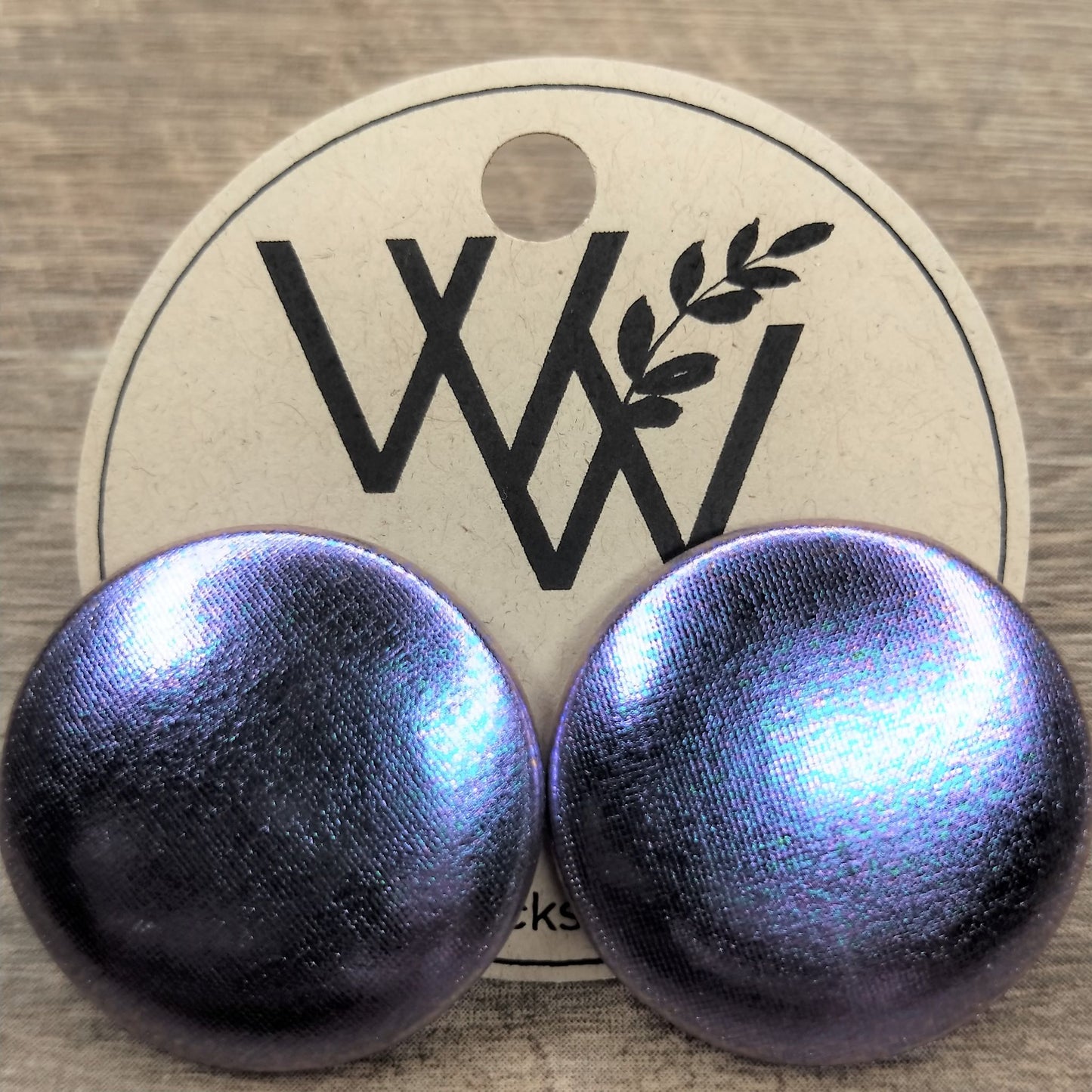 Wildears Fabric Covered Button Earrings Purple Metallic 27mm