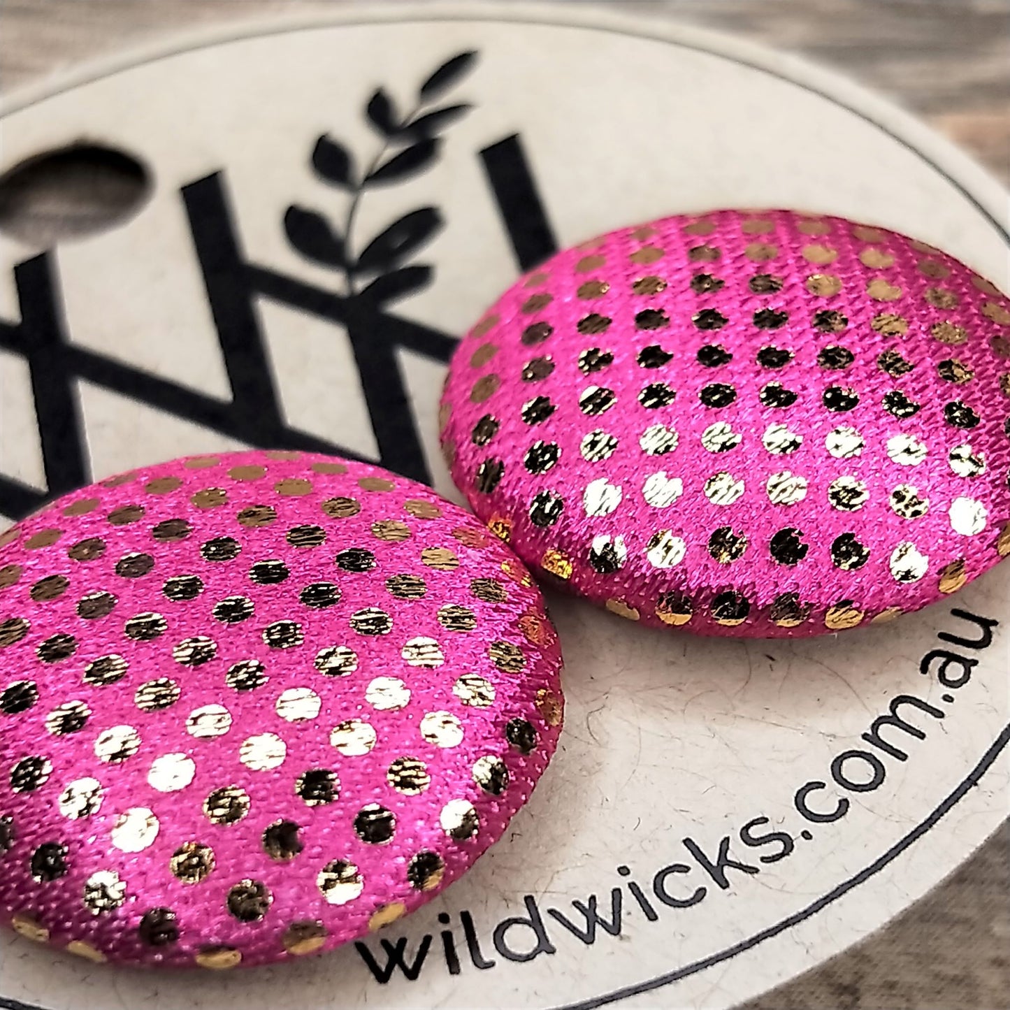 Wildears Fabric Covered Button Earrings Gold Spot Magenta 19mm