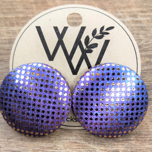 Wildears Fabric Covered Button Earrings Gold Spot Purple Blue 27mm