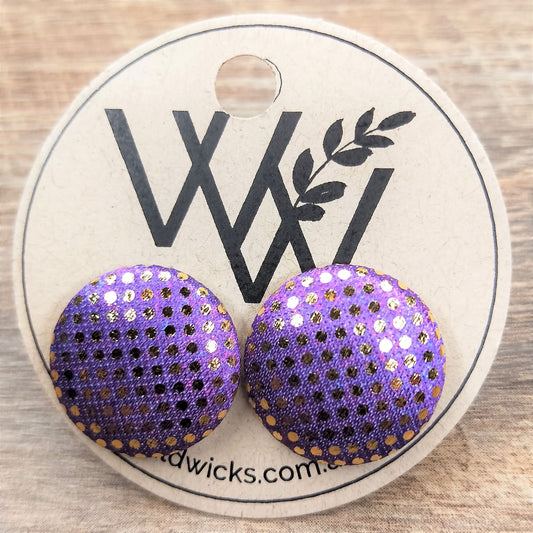 Wildears Fabric Covered Button Earrings Gold Spot Purple 19mm