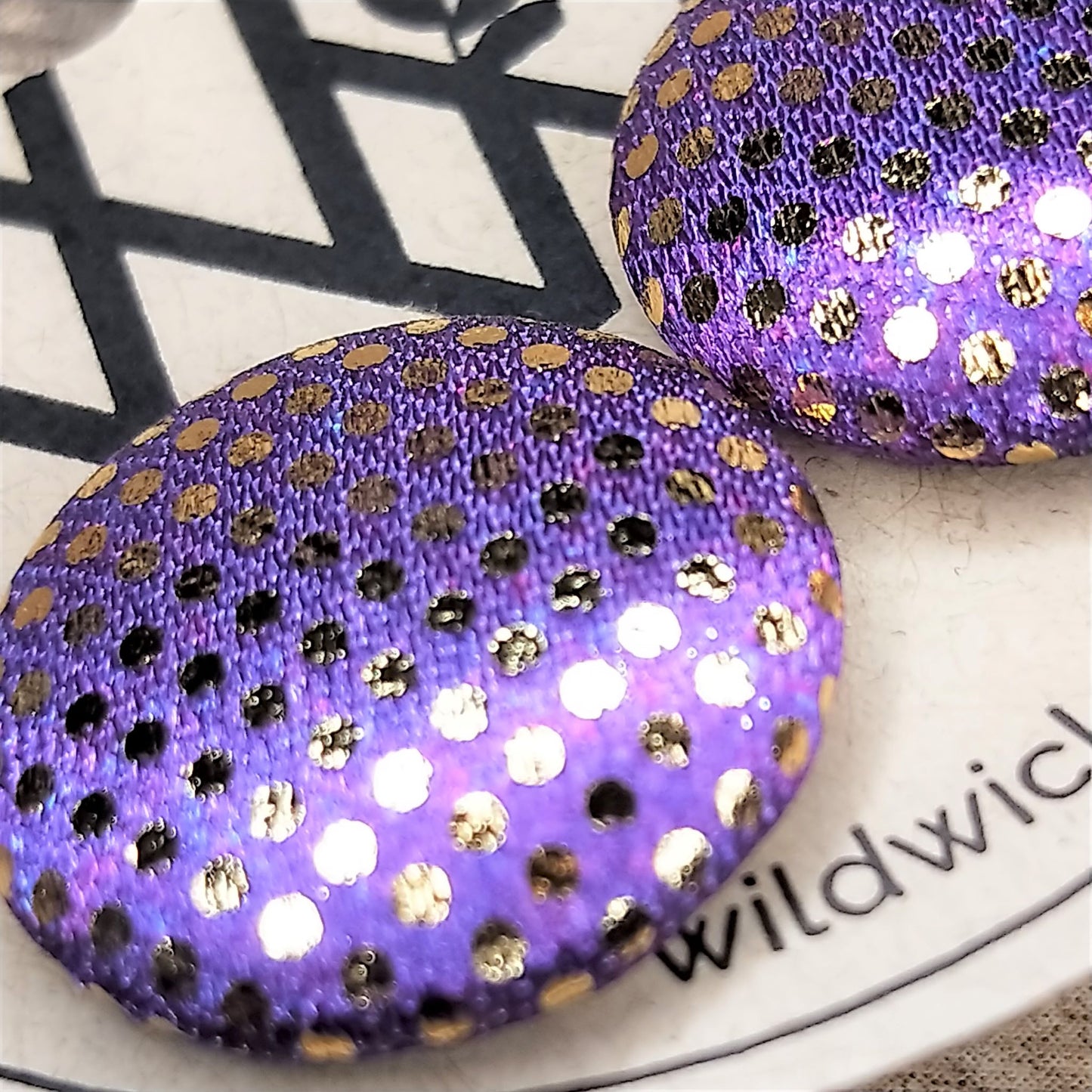 Wildears Fabric Covered Button Earrings Gold Spot Purple 19mm