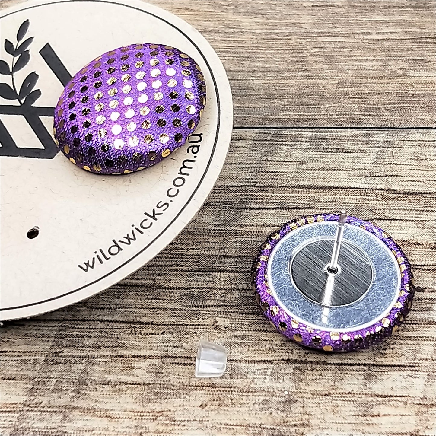 Wildears Fabric Covered Button Earrings Gold Spot Purple 19mm