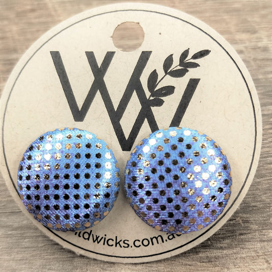 Wildears Fabric Covered Button Earrings Gold Spot Blue Purple 19mm