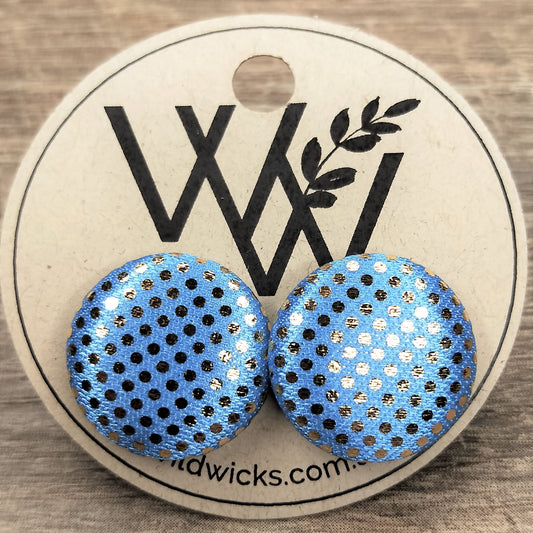 Wildears Fabric Covered Button Earrings Gold Spot Blue 19mm