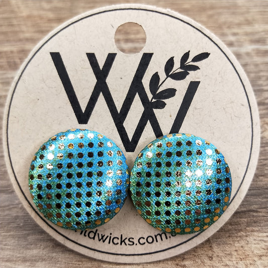 Wildears Fabric Covered Button Earrings Gold Spot Blue Green 19mm