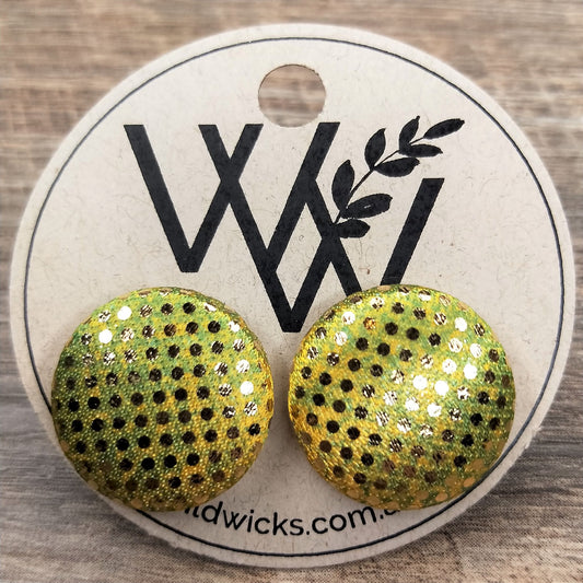 Wildears Fabric Covered Button Earrings Gold Spot Lime 19mm
