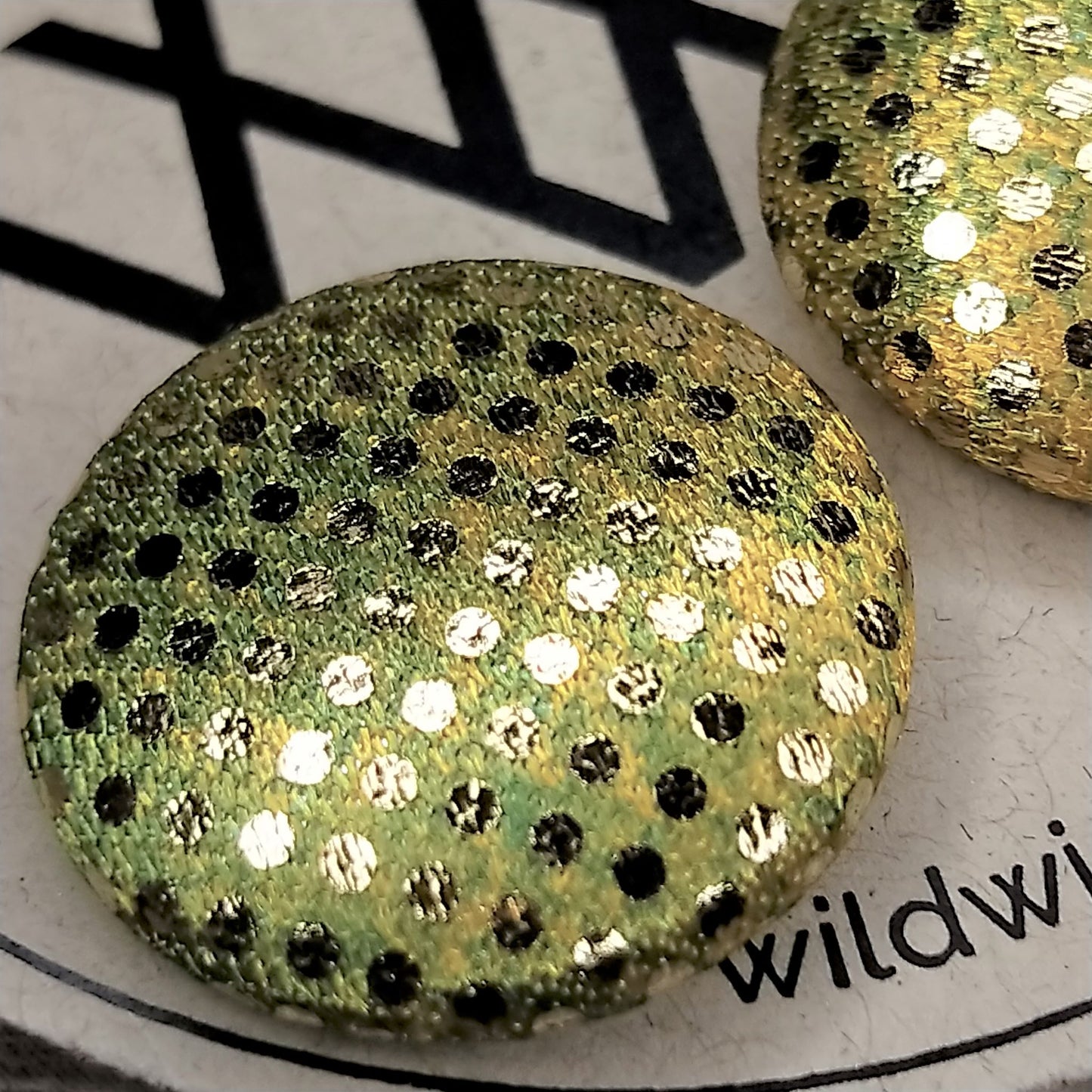 Wildears Fabric Covered Button Earrings Gold Spot Lime 19mm