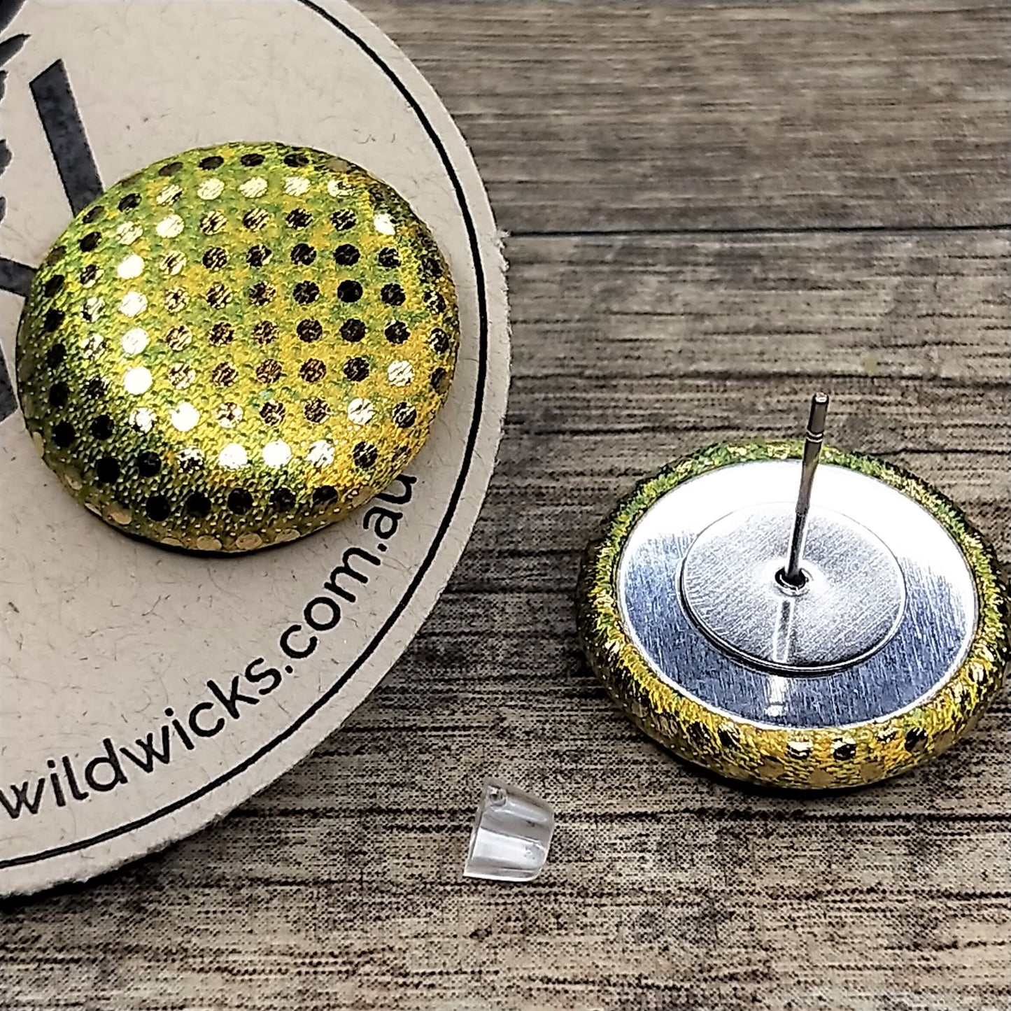 Wildears Fabric Covered Button Earrings Gold Spot Lime 19mm