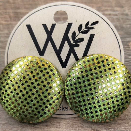 Wildears Fabric Covered Button Earrings Gold Spot Lime 27mm
