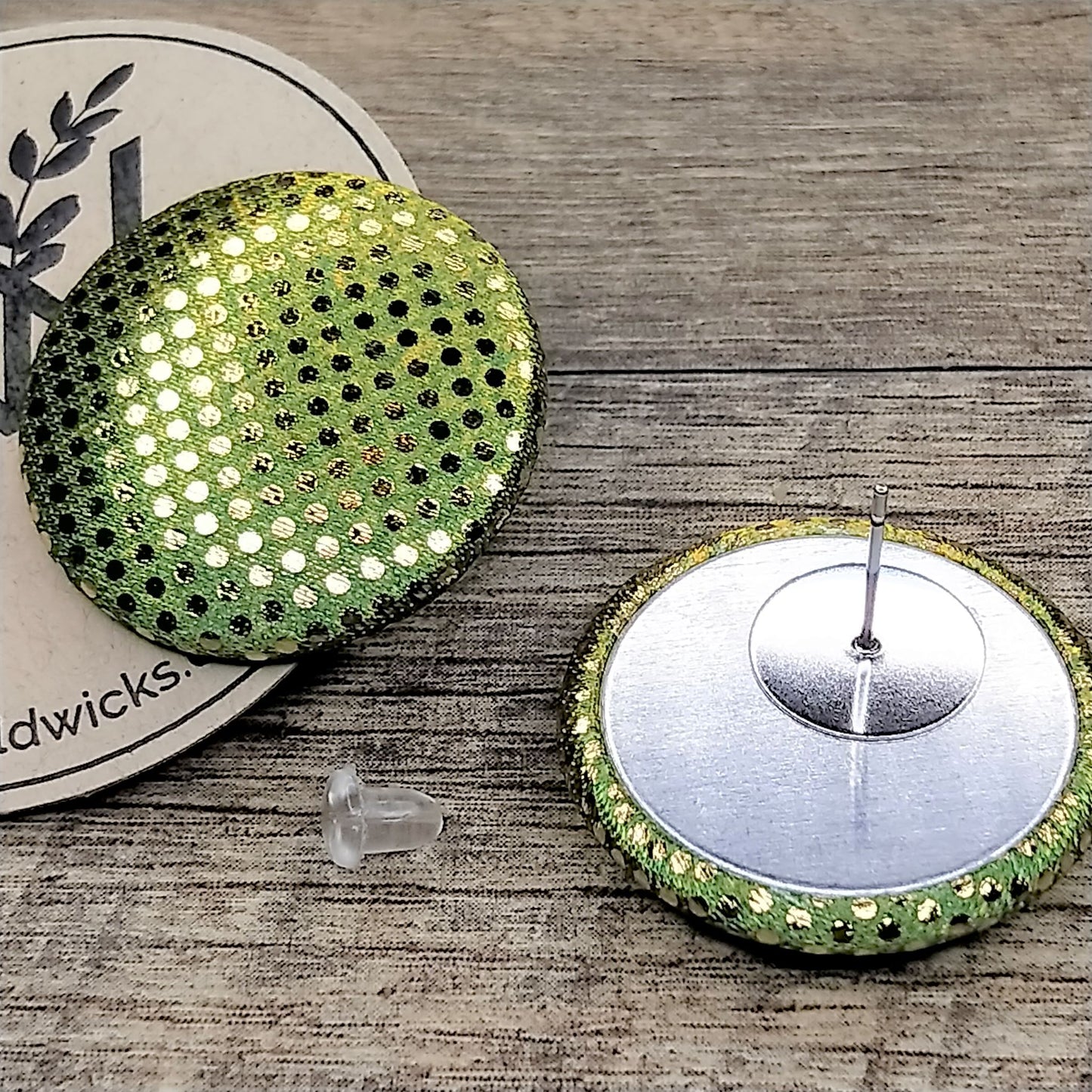 Wildears Fabric Covered Button Earrings Gold Spot Lime 27mm