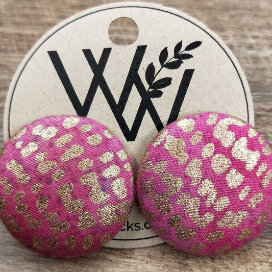 Wildears Fabric Covered Button Earrings Pink Gold 27mm